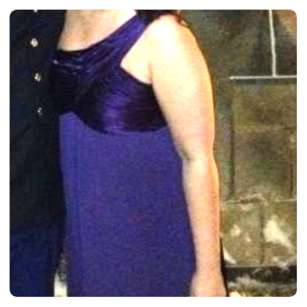 One shoulder purple clam shell bodice gown